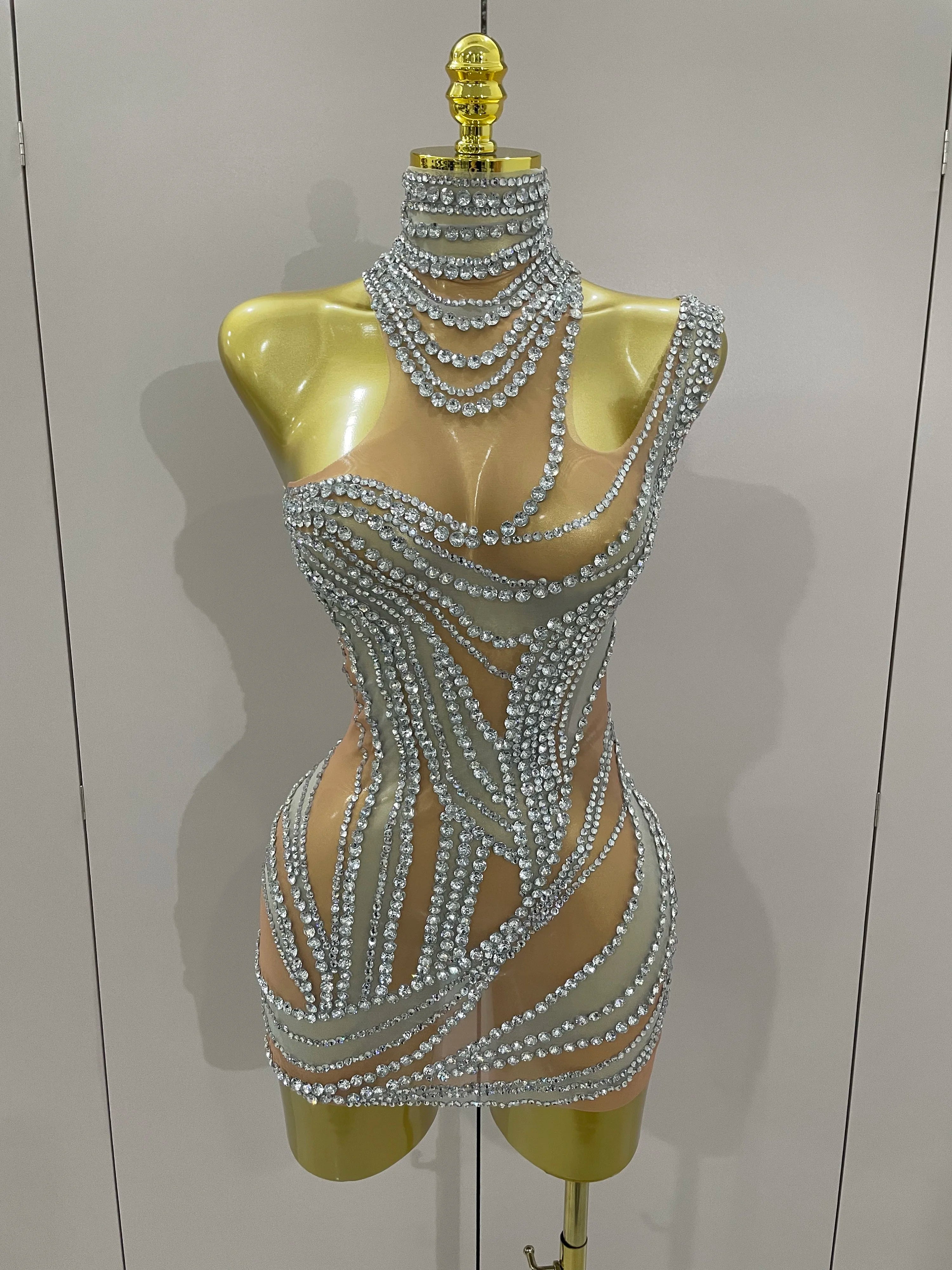 Luxury Sparkly Crystals See Through Mini Dress 2025Women Celebrate Birthday Party Gowns Singer Performance Stretch Stage Costume