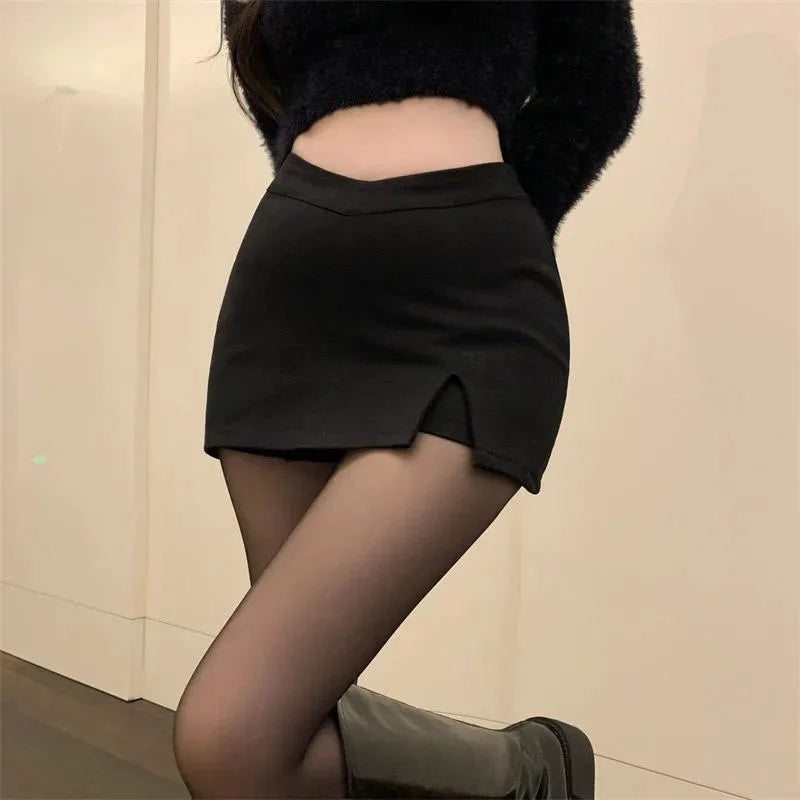Sexy Split Black Mini Skirt Women Korean High Waist Streetwear Casual Short Skirt Fashion Office Lady All-Match A Line Skirts