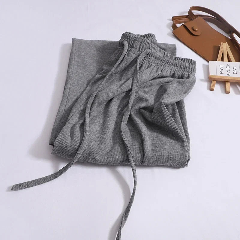 ABRINI Women Drawstring Elastic Waist Thin Solid Pants Casual Straight Pants Sports Wide Leg Trousers For Women Spring GREY One Size