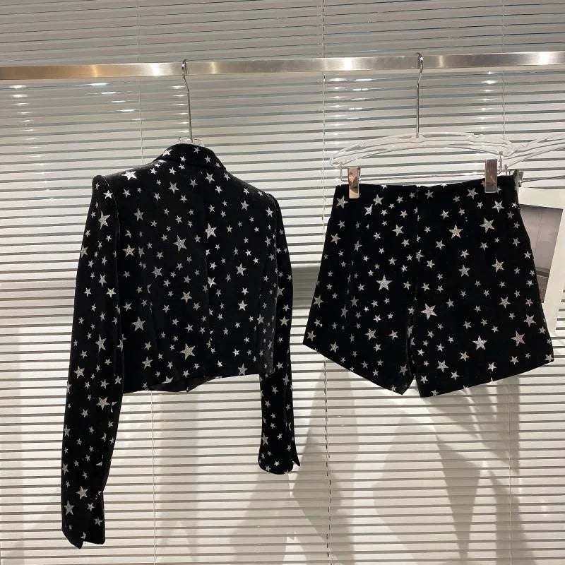 Autumn Long Sleeve Pin Chain Slim Velvet Blazer Casual Shorts Two Piece Set Women Outfits