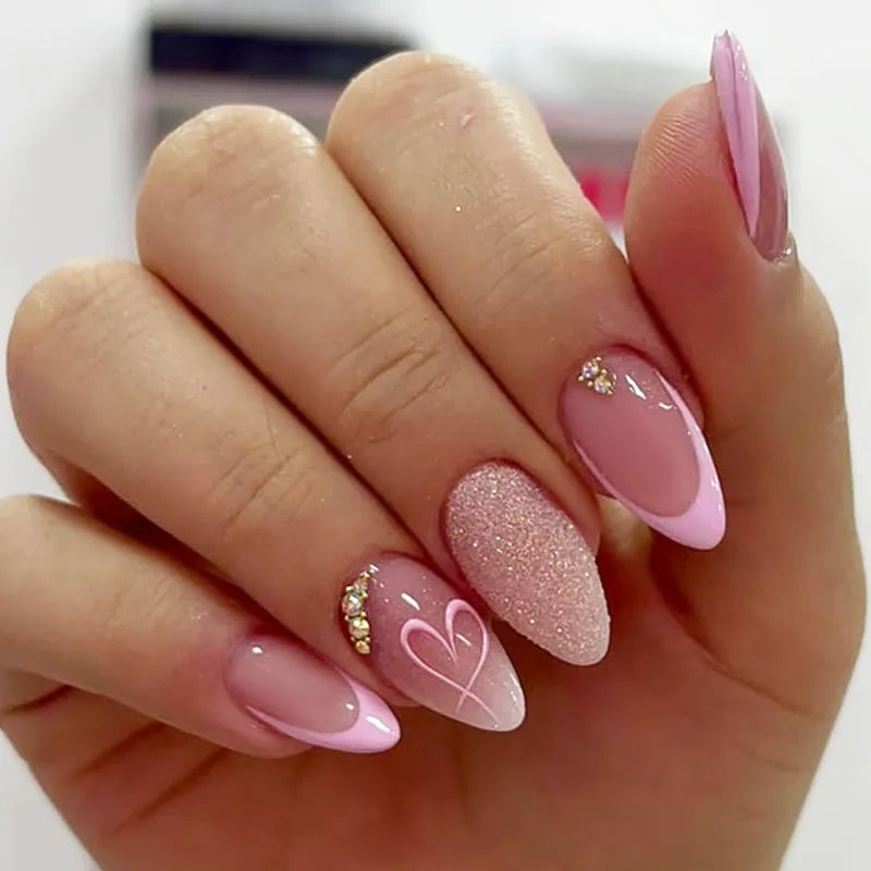 24Pcs Glitter Gradient Love Fake Nails Short Almond French Design Valentine Day Party Pink Press on Nails Sweet Girl False Nails