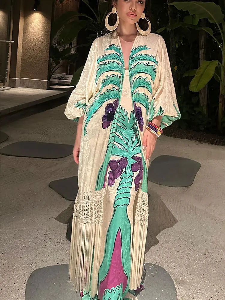 Fashion Spring Print V Neck Contrast Maxi Dress Women Chic Slim Fit Long Sleeve Vestidos Lady Elegant Vacation Streetwear