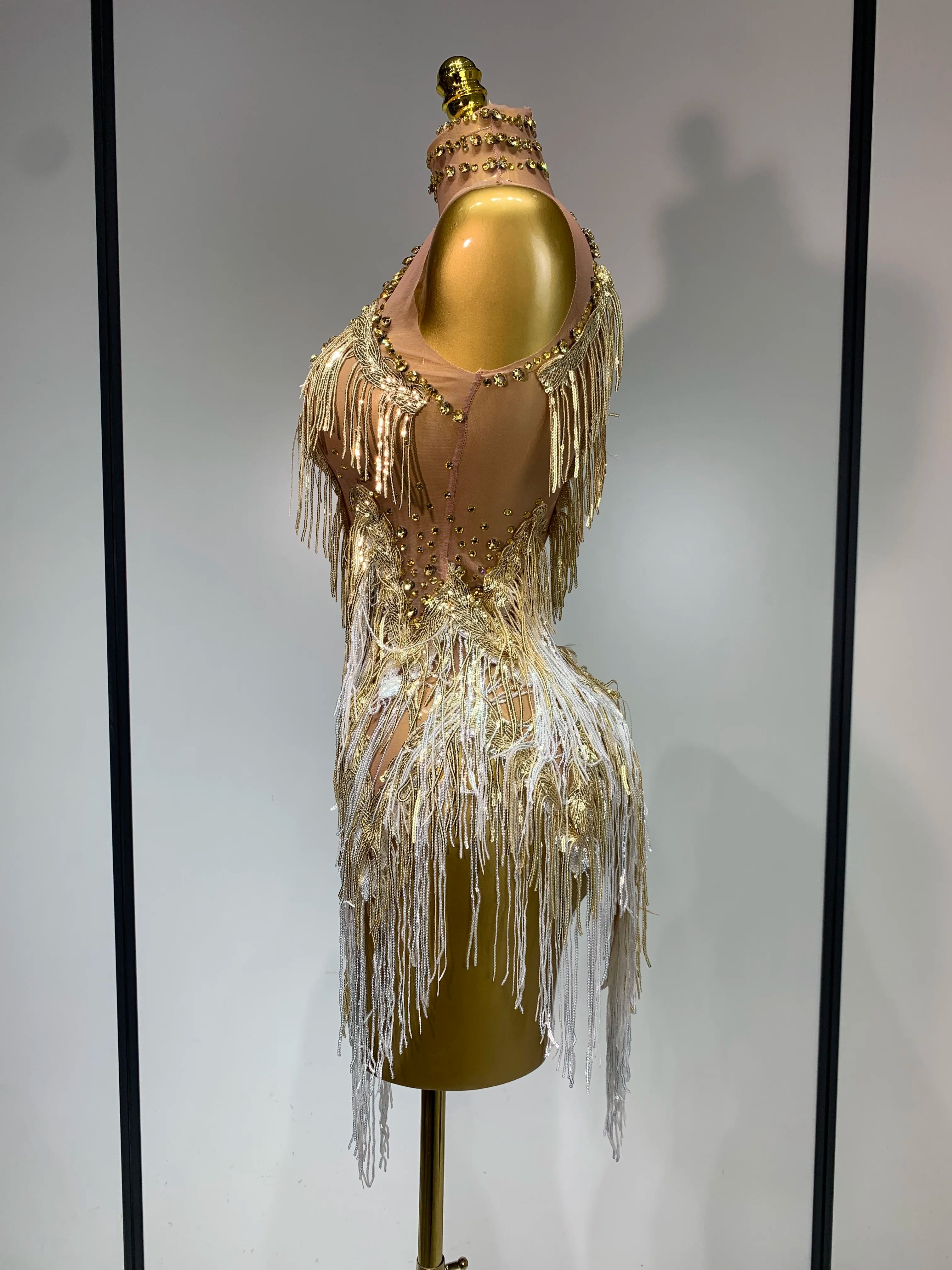 Luxury Birthday Dress Rhinestone Tassel Sexy Women Short Latino Dance Dress Nightclub Bar Sparkly Performance Stage Outfit