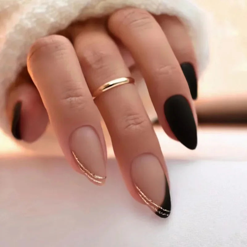 24Pcs Mid-length False Nails with Almond Head Design Brown Gold Lines Fake Nails Oval Wearable French Press on Nail Tips