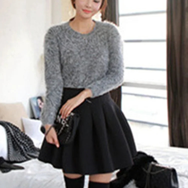 XFPV 2023 Autumn Winter New Arrivals Korean Solid Color Pleated Fluffy A-line Woolen High Waist Short Skirt Female SM956