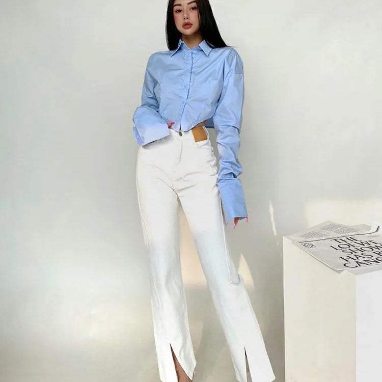 Spring Korean Style Long Sleeve White Shirt Women Sexy Button Ladies Crop Tops Blouse Street New In Female Clothing