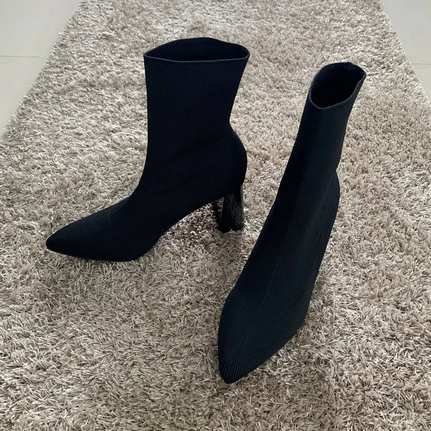 Fashion knitting Women Ankle Elastic Boots Shoes Footwear Female High Heels Pointed Toe Ladies Short Stretch Boots Shoes