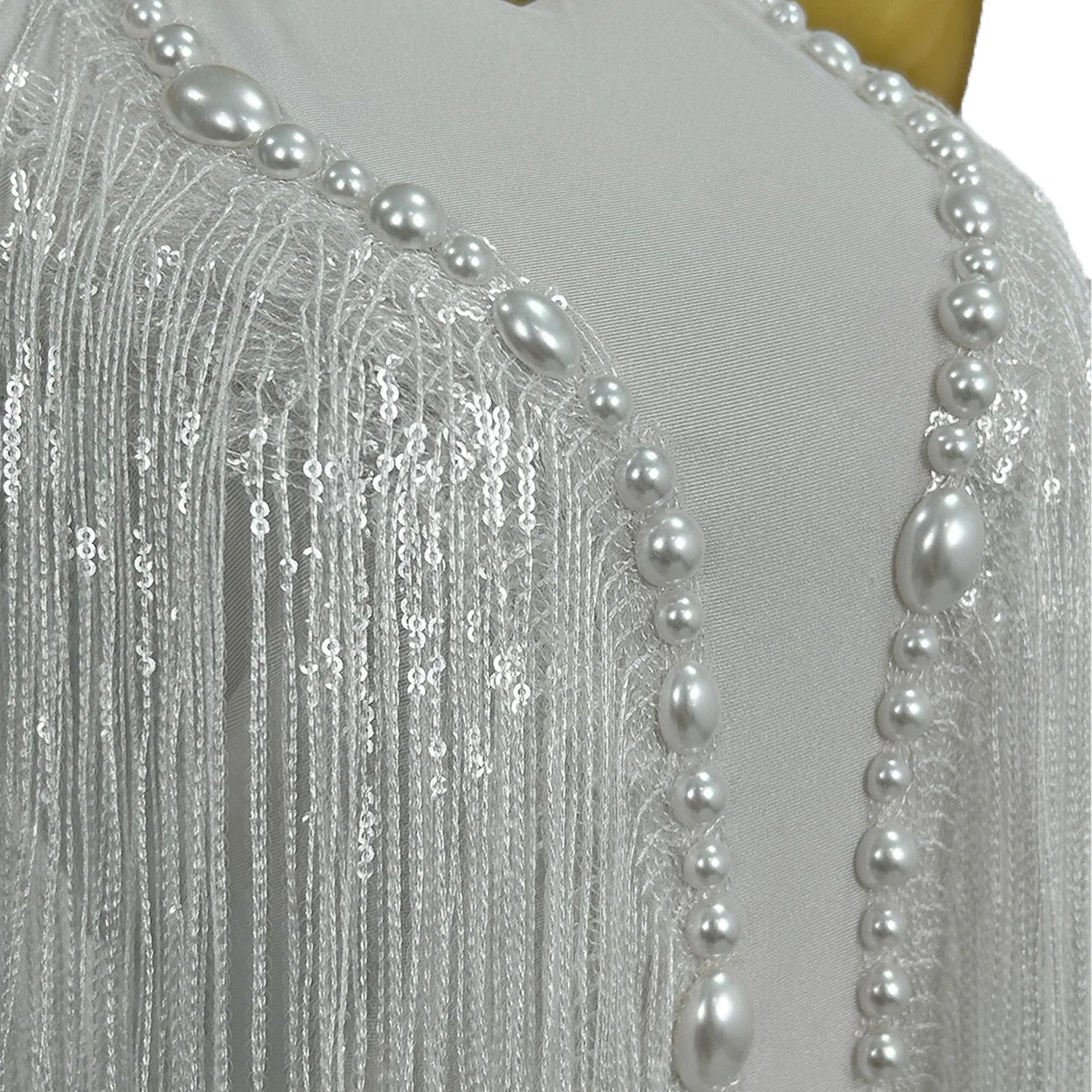 Sparkly Women White Tassel Leotard Sexy Pearls Sequins Fringes Bodysuit Club Performance Wear Party Stage Dance Costumes Shuye