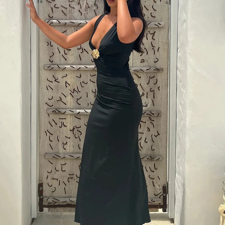 Elegant Deep V Neck Front Gold Clasp Sexy Maxi Dress For Women Black Gown Sleeveless Slim Fit Long Tank Dress Elegant