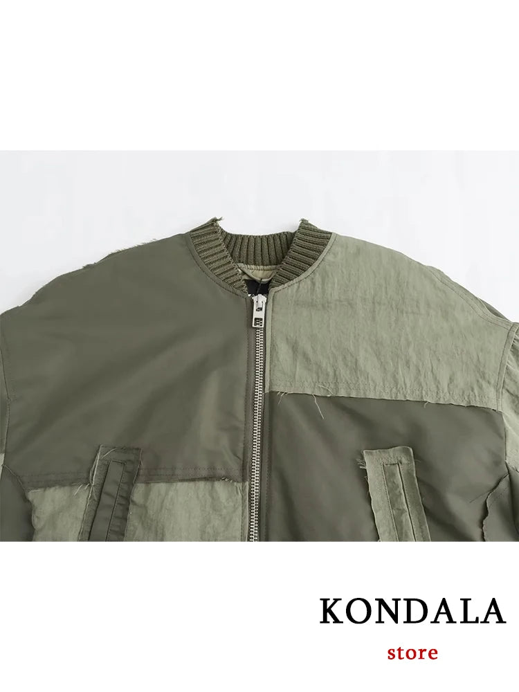 Streetwear Armygreen Bomber Jackets Women Patchwork Zipper Pockets Oversized Jackets Fashion 2024 Autumn Winter Coats