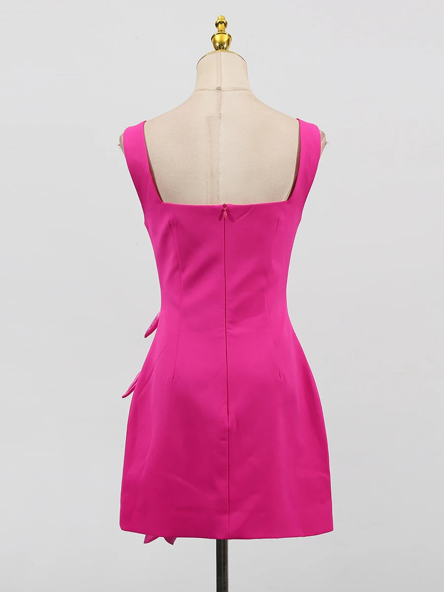 TWOTWINSTYLE Rose Slimming Spliced 3D Flower Mini Elegant Dresses for Women Square Neck Sleeveless Dress Female Fashion Clothing