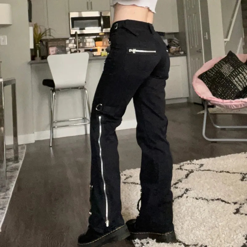 European and American Cool Low-waist Zipper Straight Slim Jeans Autumn Trousers Flare Jeans Cargo Pants Women