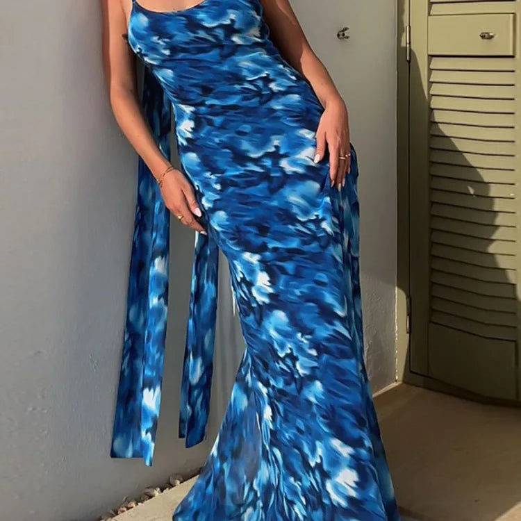 Halter Backless Print Sexy Maxi Dress For Women Gown Elegant Blue Printed Lace-up Sleeveless Evening Long Dress