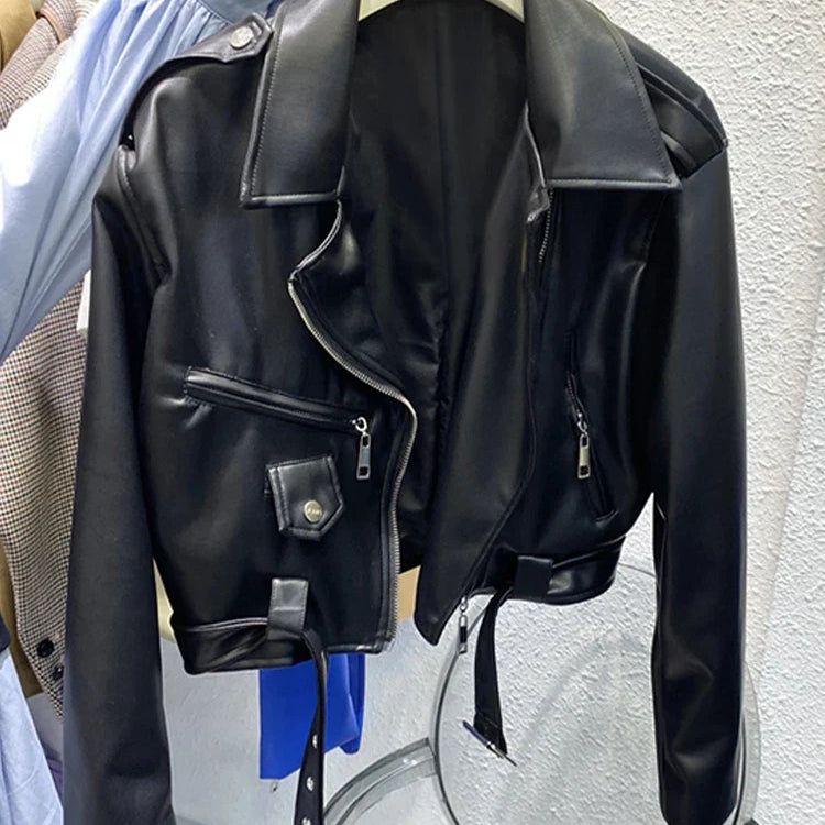 Spring Autumn Short Blue Soft Pu Leather Biker Jacket Women Zipper Long Sleeve Belt Cool Luxury Designer Clothes 2022 Black