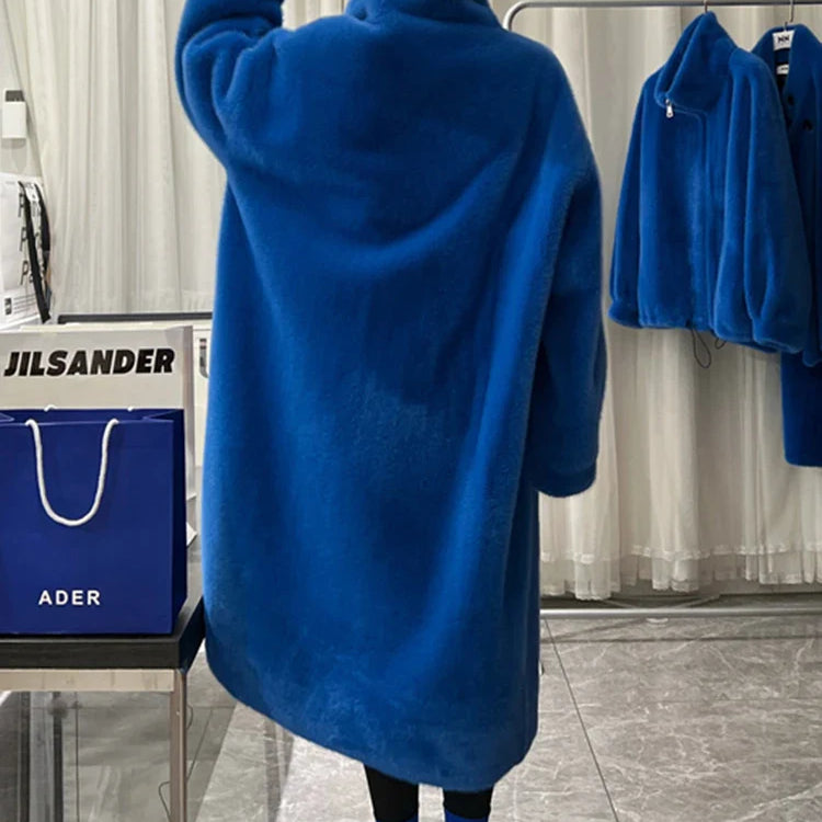 Winter Long Oversized Blue White Black Fluffy Thick Warm Faux Fur Coat Women Zip Up Runway Designer Korean Fashion 2022