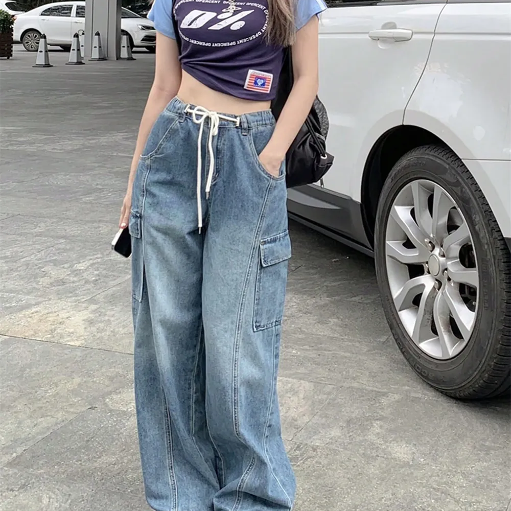 Retro loose drawstring elastic waist thin multi-pocket overalls straight wide leg jeans women's new summer tide 80066