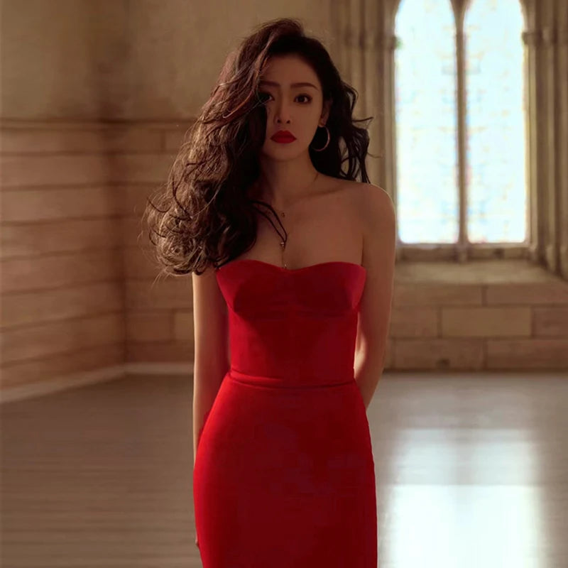 Women's Elegant Wind Dress New Sexy Spice Long Dress Gentle Wind Temperament Slim Leather Splicing Sling Dress Women