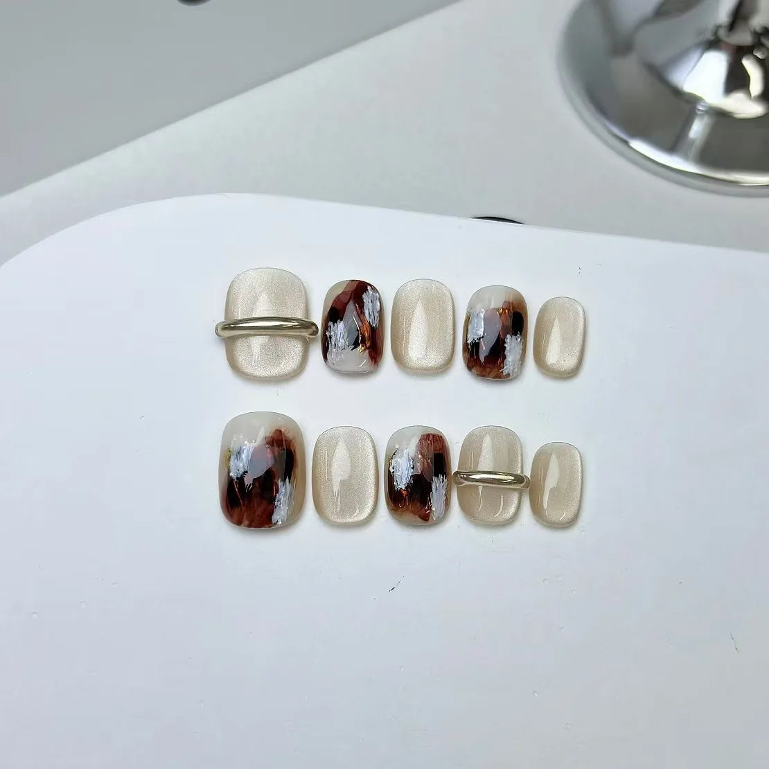 10Pcs Blue Short Square Head Handmade Fake Nails with Unique Smudging French Ballet Wearable Nail Tips Art Fashion Nail Stickers