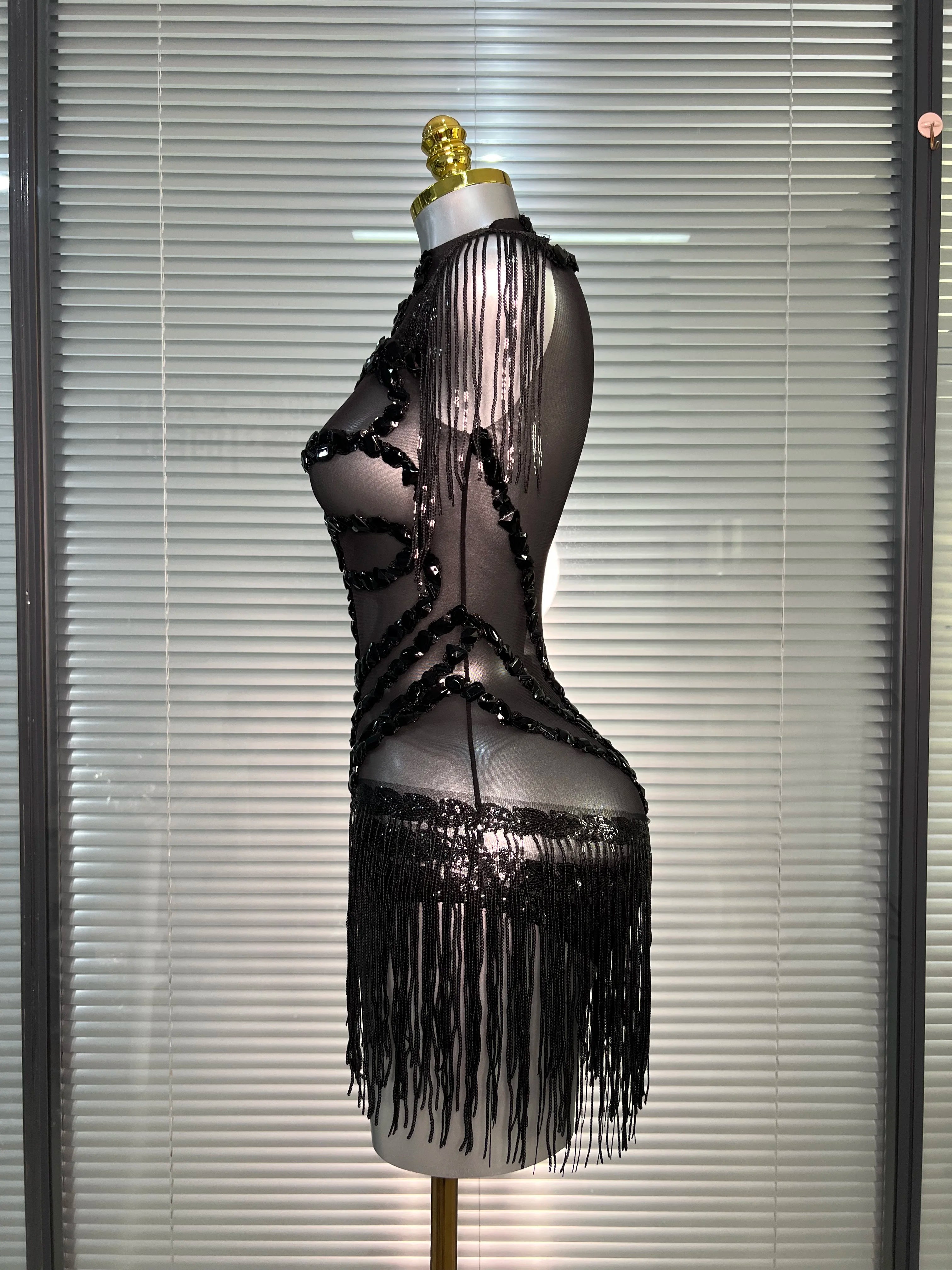 Summer New Women Sexy Black Tassel Crystal Diamonds Stretchy Night Club See Through Singer Dancer Stage Costume Party Bodysuit