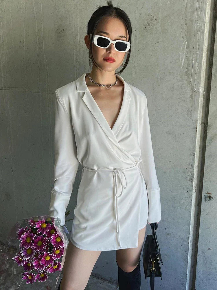 Julissa Mo Black Satin V-Neck Shirt Dress Women Spring Flare Sleeve Lace Up Mini Dresses Elegant Ladies Party Vestidos