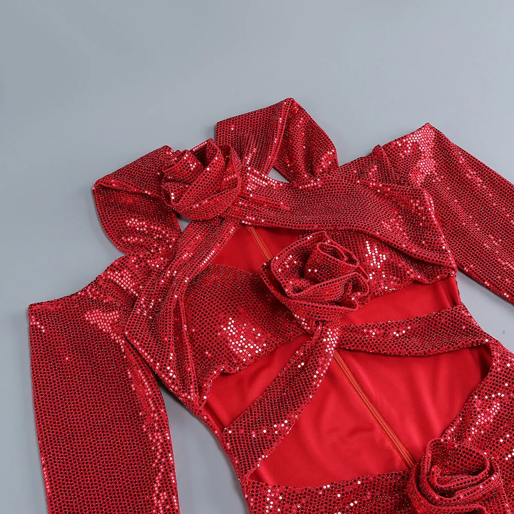 Autumn Red Color Shinning Sequins Women Long Sleeve Sexy Halter Bodycon Long Dress Florals Wedding Mermaid Party Dress
