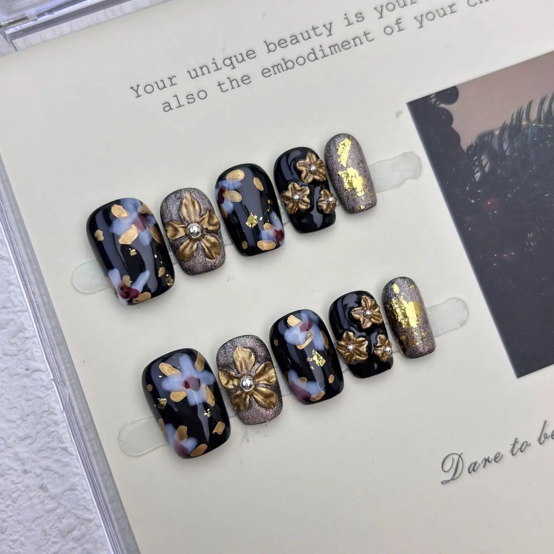 10Pcs Pink Shiny Handmade Press on Nails with Pearl Peach Blossom 3D Design Summer Fake Nail Cat Eye Fashion Beauty Nail French