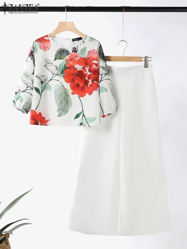 Fashion Trousers Suit Women 3/4 Sleeve Blouse Wide Leg Pant Sets Summer Matching Sets ZANZEA 2PCS Casual Printed Tracksuits