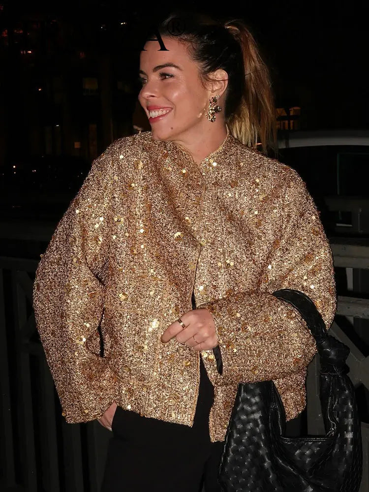TRAFZA Woman Button Long Sleeve Jacket With Pockets Autumn Chic Outwear Women Sequin Shinny Gold Coat Fashion Streetwear Elegant