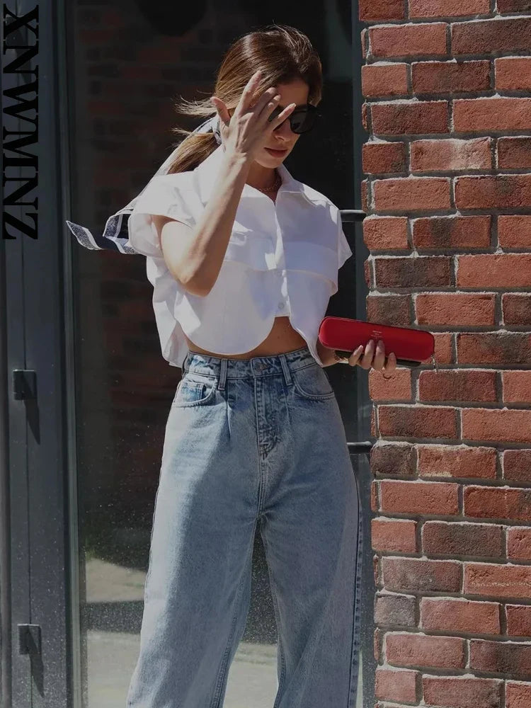 XNWMNZ Women Fashion Pockets Cropped Denim Shirts Sexy Sleeveless Button-up Female Blouses Blusas Chic Top