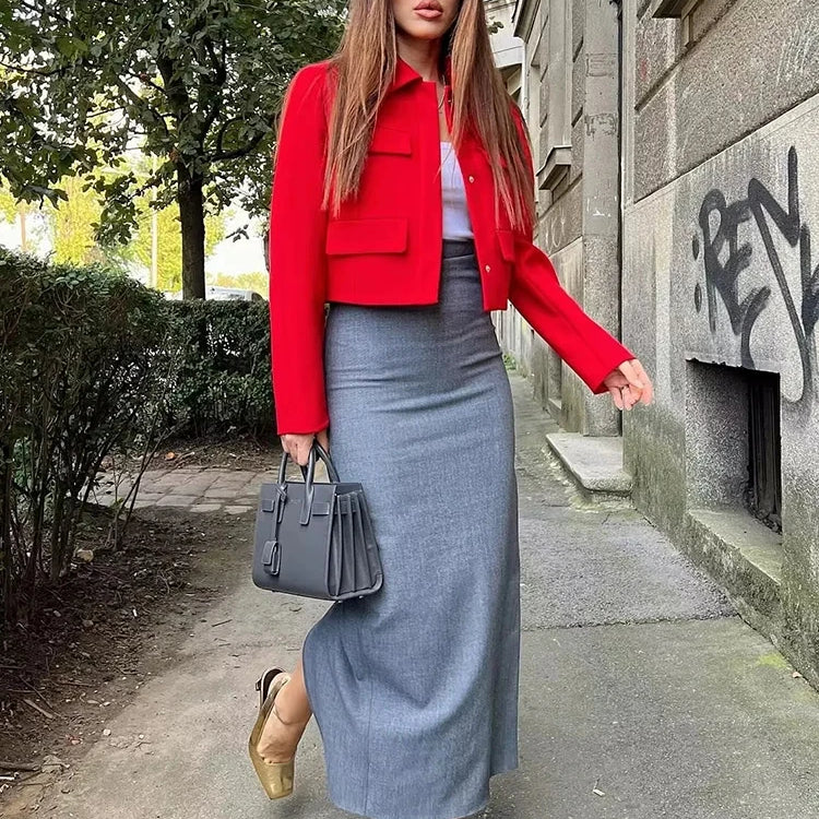 Women Fashion With Flaps Cropped Blazer Coat Vintage Long Sleeve Snap-button Female Outerwear Chic Tops