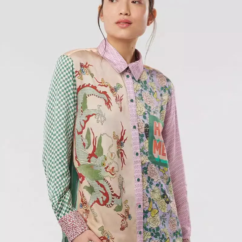 Fashion Graffiti Long Sleeve Turn-down Collar Blouse Vintage Print Graphic Shirt New Cardigan Casual Streetwear Clothing