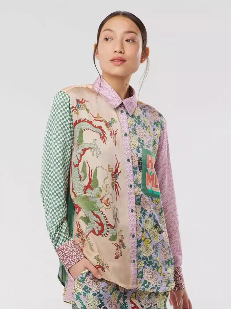 Fashion Graffiti Long Sleeve Turn-down Collar Blouse Vintage Print Graphic Shirt New Cardigan Casual Streetwear Clothing