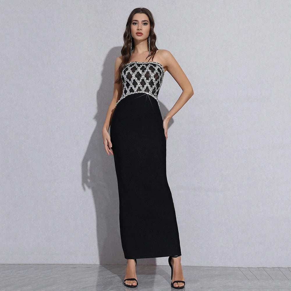 High Quality Sexy Strapless Diamond Sequin mesh Patchwork Bodycon Bandage Long Dress Women Fashion Celebrate Evening Party Gowns