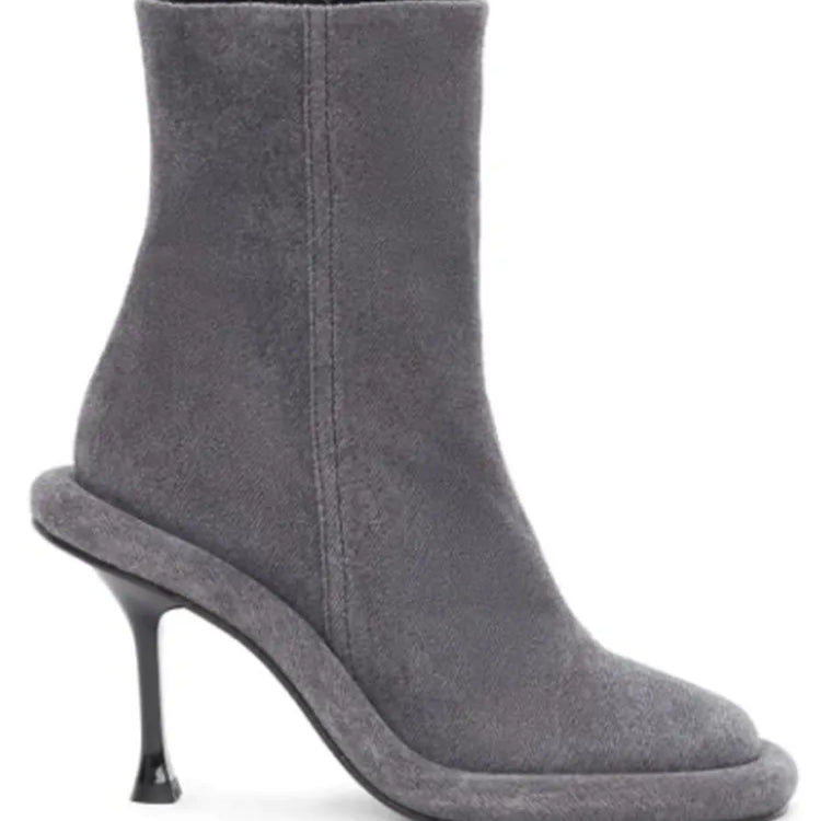 Spring and Autumn Women's New Slender High Heel Denim Short Boots Round Head Side Zipper Fashion Women's Ankle Boots 296 Grey