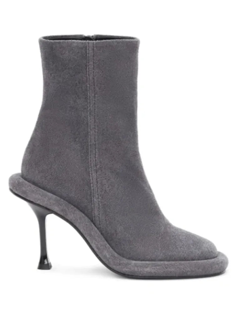 Spring and Autumn Women's New Slender High Heel Denim Short Boots Round Head Side Zipper Fashion Women's Ankle Boots 296 Grey