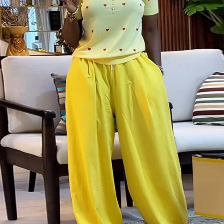CM.YAYA Fashion Women's Set Love Short Sleeve T-shirt and Wide Leg Pants 2025 Summer Active Two 2 Piece Sets Outfit Tracksuit