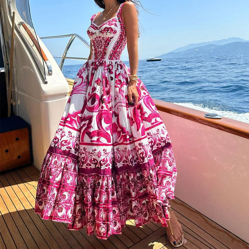 Runway Red White Porcelain Floral Print Long Maxi Beach Dresses Women Straps Sundress Rose