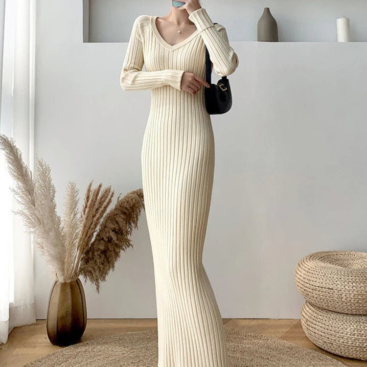 Zoki Elegant Solid Women Knitted Dress Simple Korean Slim Long Sleeve Ankle Length Dress Casual V Neck Office Ladies Chic Dress
