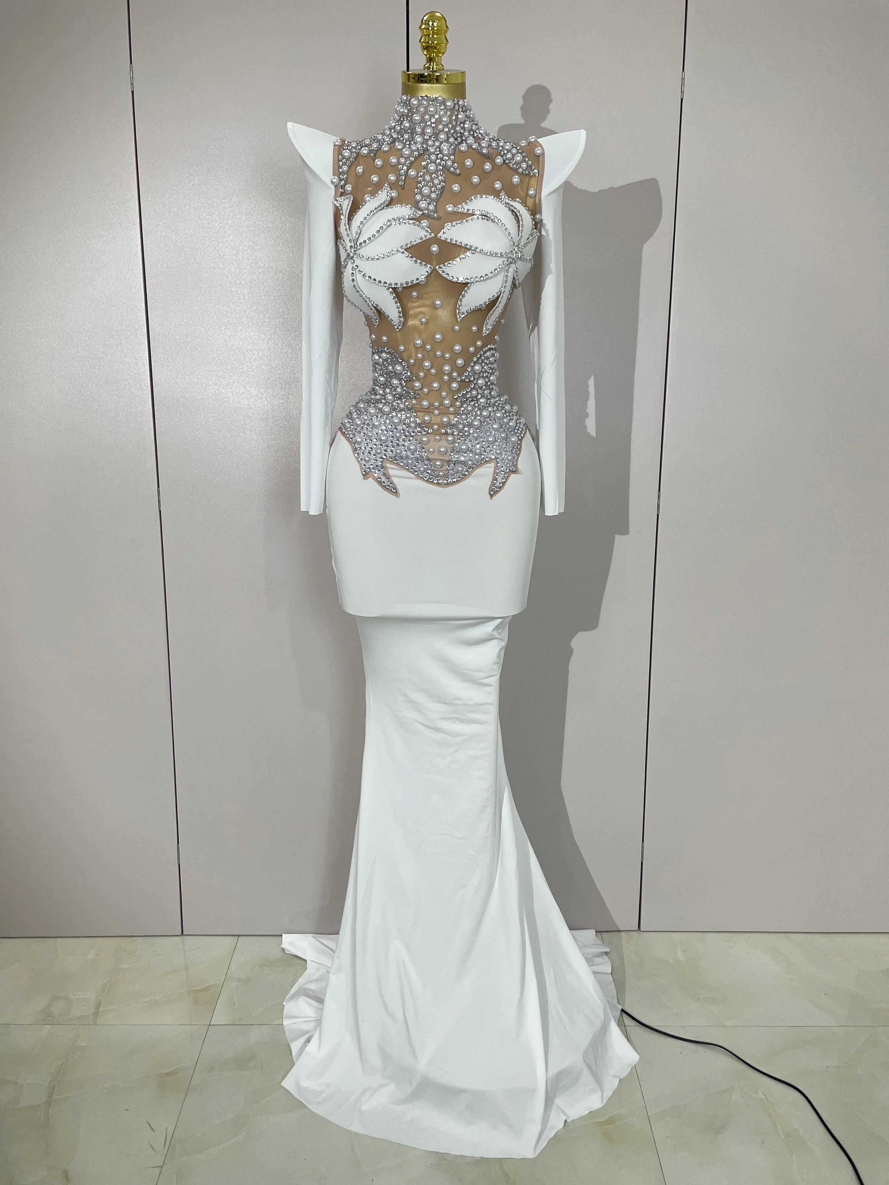 Sparkly Diamonds Pearl Black Sexy See Through Mesh Long Dress Women Wedding Evening Luxury Birthday Party Stage Photoshoot Dress