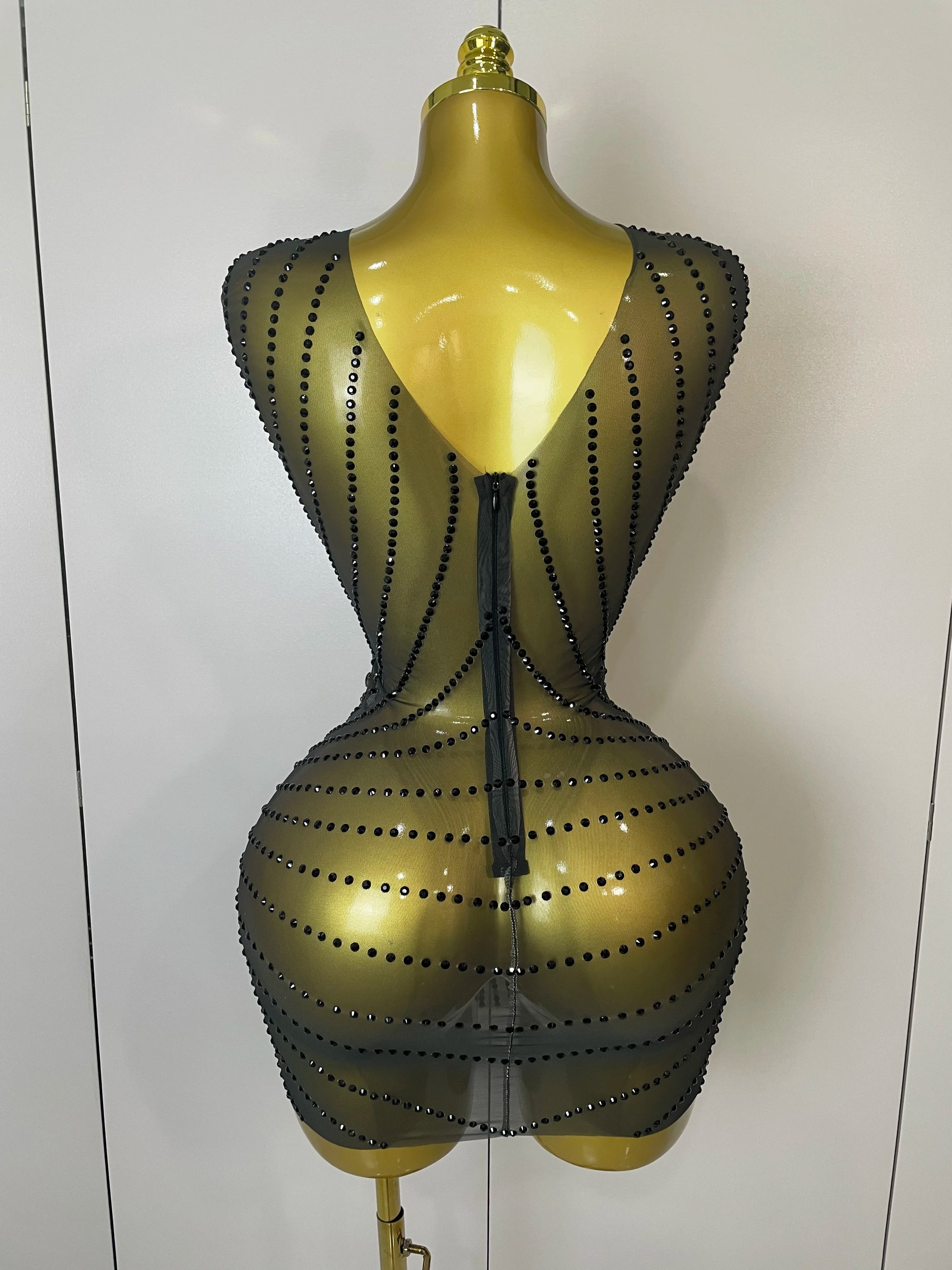 Vestido curto transparente sem mangas com strass dourado brilhante 2025, festa de aniversário, boate, traje de apresentação
