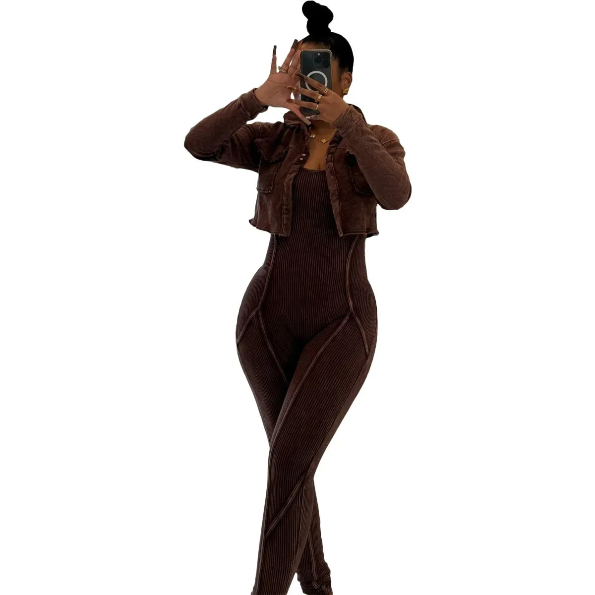 CM.YAYA Fashion Women's Set Washed Knitted Long Sleeve V-neck Coats+pencil Jumpsuits Active Two 2 Piece Set Outfits Tracksuit