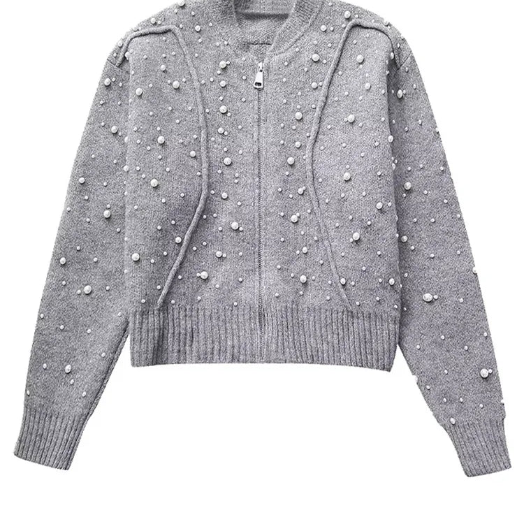 Fashion Knitted Pearl Bomber Jackets Women Vintage O-Neck Front Zipper Long Sleeved Female Coat Top Lady Grey Cropped Cardigan