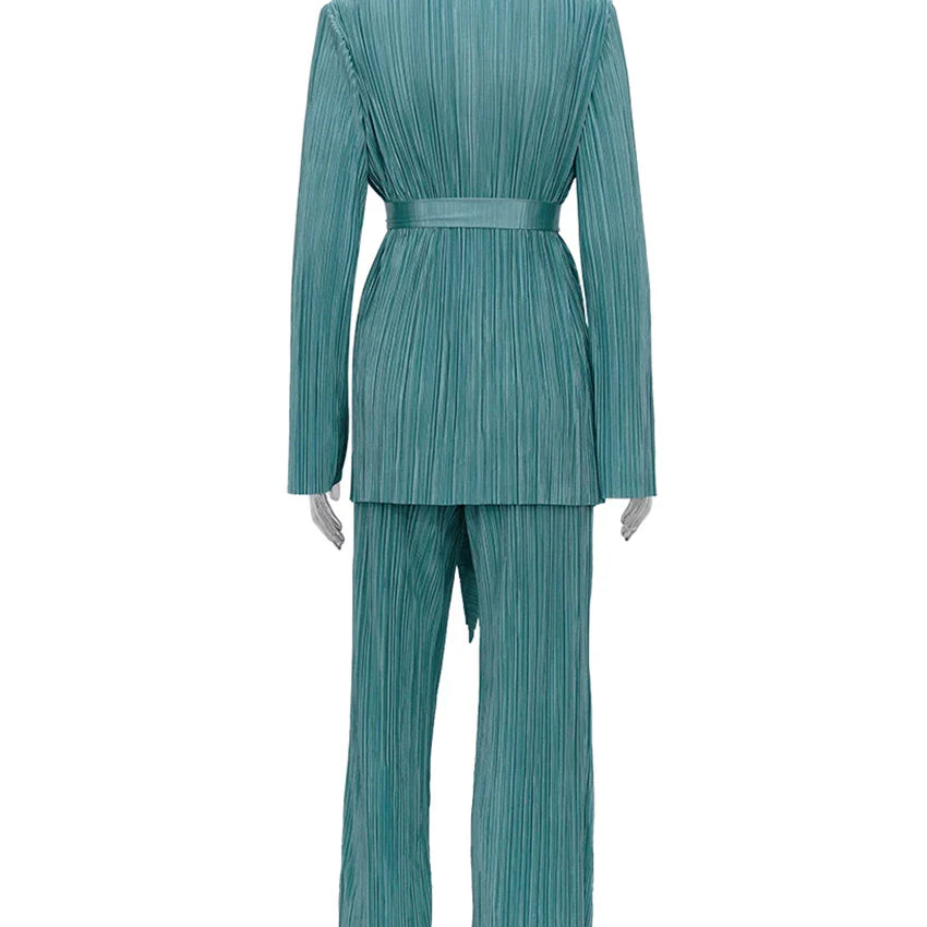 Clacive Autumn Green Pleated Pants Set Bodycon Slit Trosuer Suits Fashion Lace-Up Long Sleeve Blazer 2 Piece Sets Womens Outfits