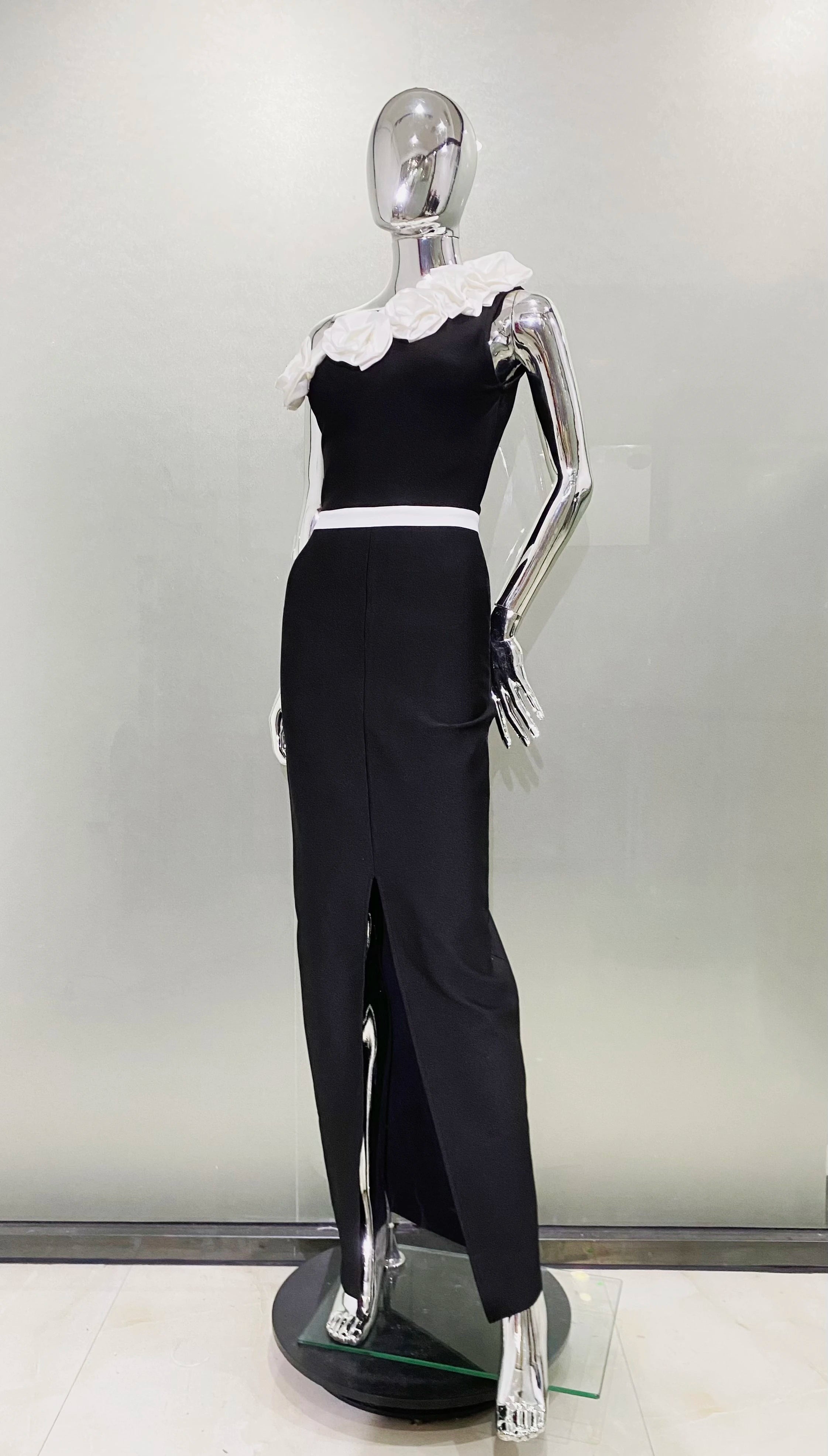 High Quality Women Sexy One Shoulder White Florals Bodycon Bandage Long Dress Fashion Celebrate Evening Party Birthday Dress