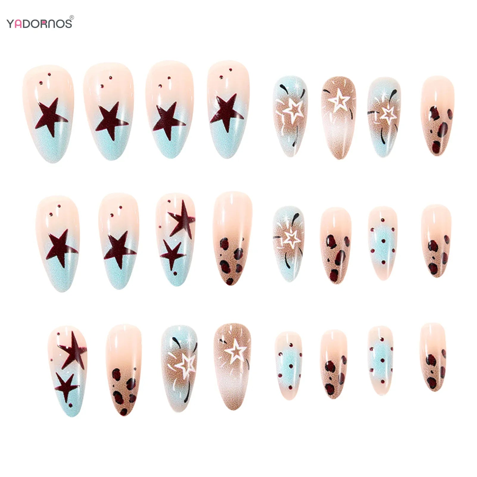 24Pcs Almond Fake Nails with Leopard Printed Y2K Girls Charm Manicure Gradient Color Press On Nails Star/Dot Designs Nails Art