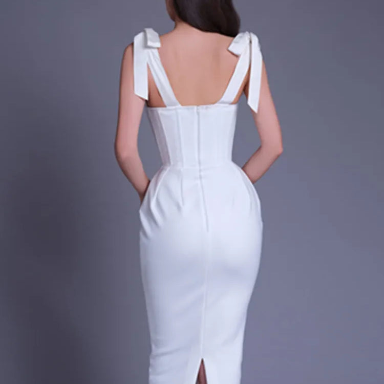Chic Women Celebrity Sexy Backless Split White Beige Midi Bodycon Bandage Dress Elegant Evening Party Dress Vestido