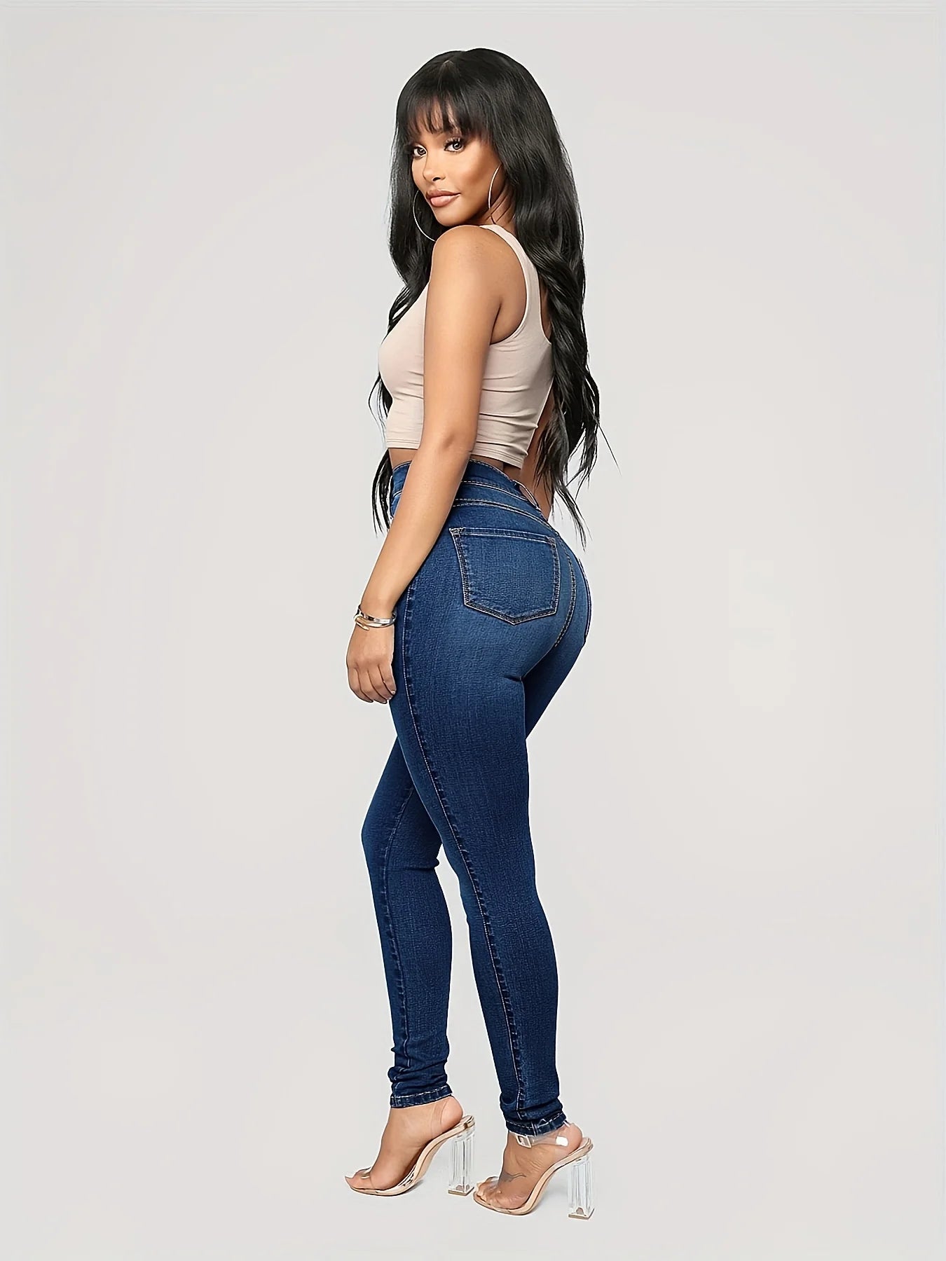 Plain High Waist Skinny Jeans, High Rise Slim Fit Slash Pockets Casual Denim Pants, Women's Denim Jeans & Clothing