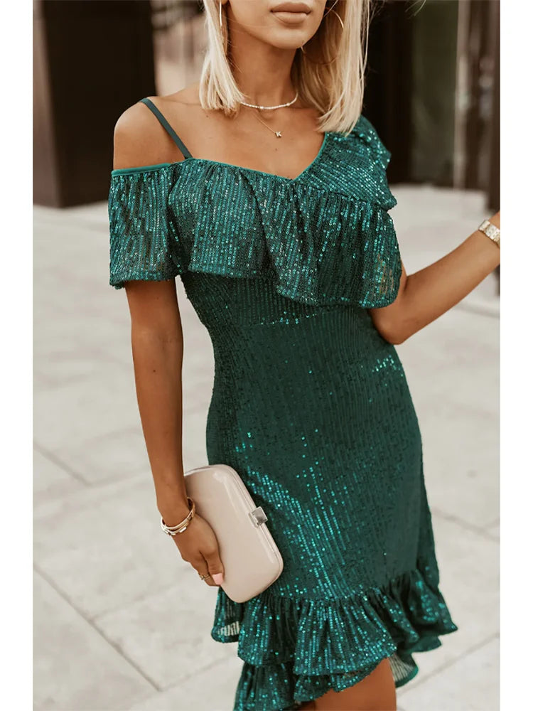 Plus Size Women's Slim Fit Green Off Shoulder Sequin Dress Ruffle Irregular Hem Dresses Summer Sexy V Neck Party Dress Vestidos