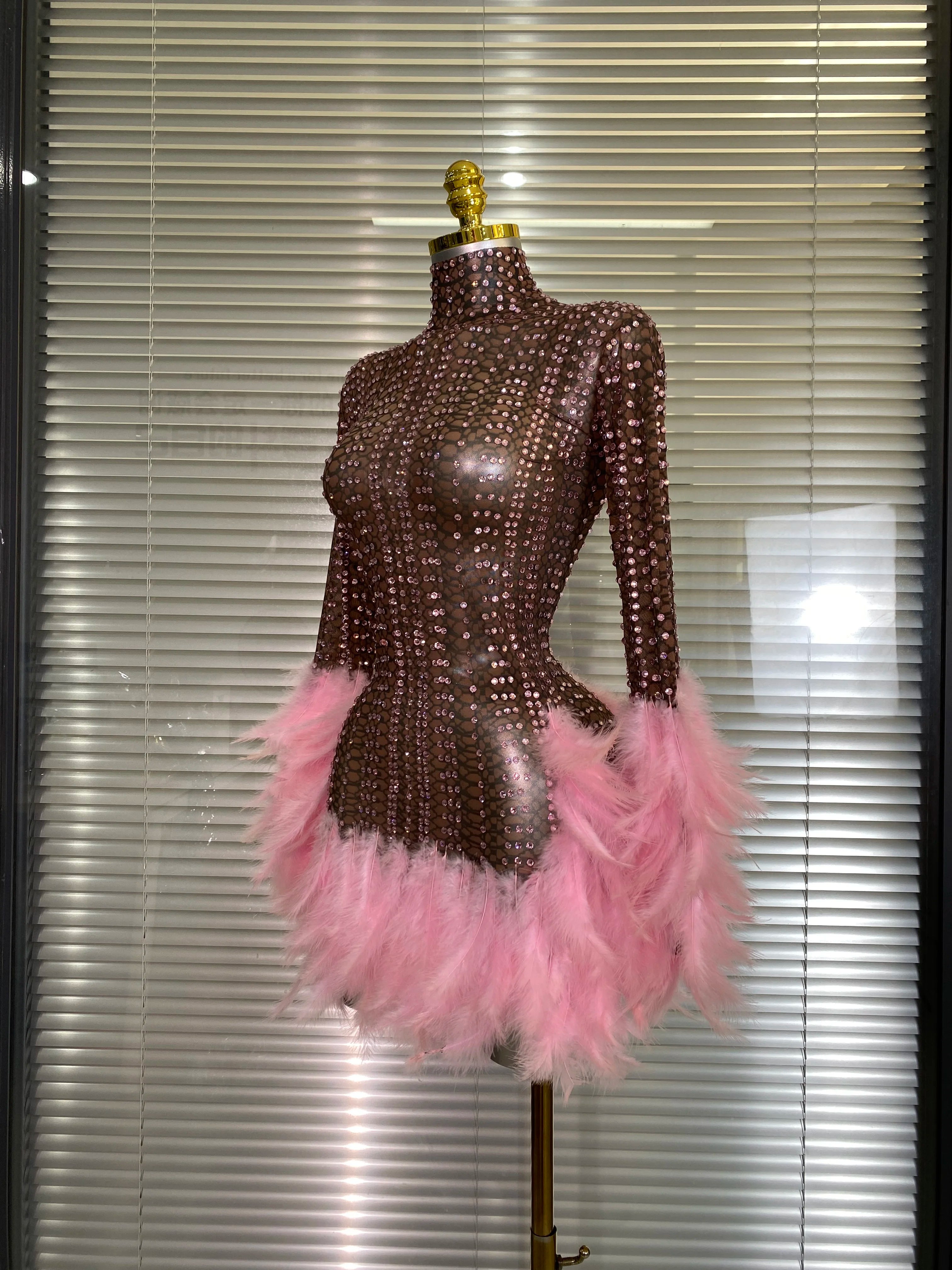 New Women Sexy Transparent Stretched Mesh Feathers Stage Performance Costume Stage Dancer Singer Mini Night Club Party Dress