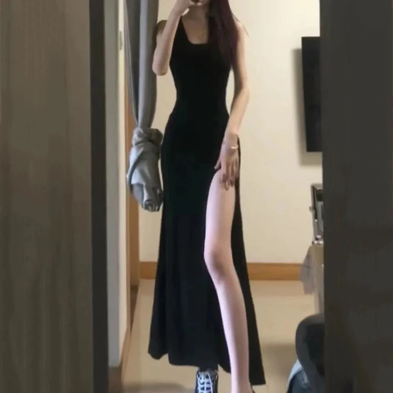 Sexy High Split Spaghetti Strap Dress Women Summer Black Bodycon Dresses Woman Sleeveless Party Long Dress Ladies